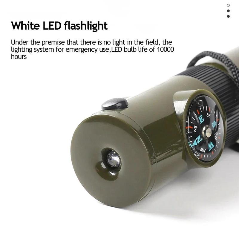 Product Introduction of 7 in 1 Multifunction Whistle Portable Emergency Survival Whistle with Compass Thermometer Flashlight Camping Hiking Outdoor Tool 26
