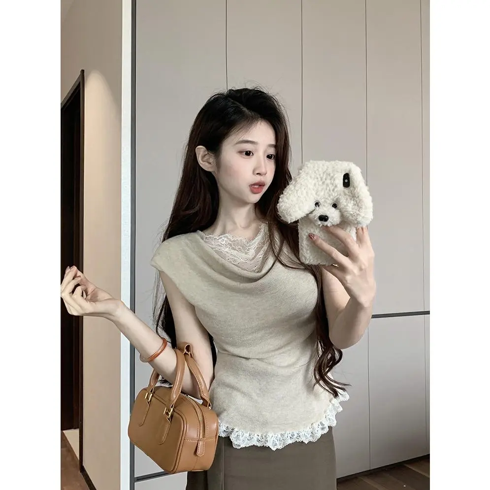 Áo Dệt Kim Len Chắp Vá Ren, Dành Cho Nữ, Mỏng Vừa Vặn, Tâng Bốc, Phong Cách Dễ Thương Và Gợi Cảm, Áo Ngắn Tay, Thích Hợp Cho Mùa Hè, 2022, Phong Cách 2024