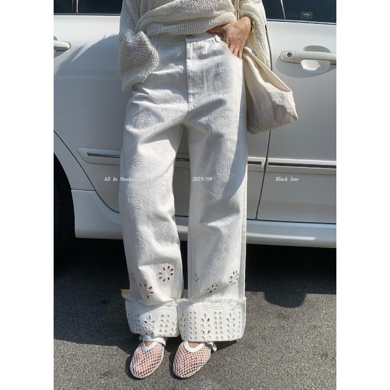 【FROM CC Quần Thường Ngày Hàng Mới Về Năm 2023, Thiết Kế Ren Thêu Công Nghiệp Nặng, Dáng Rộng Vừa Vặn, Màu Trắng, Cạp Cao, Quần Jean Mỏng