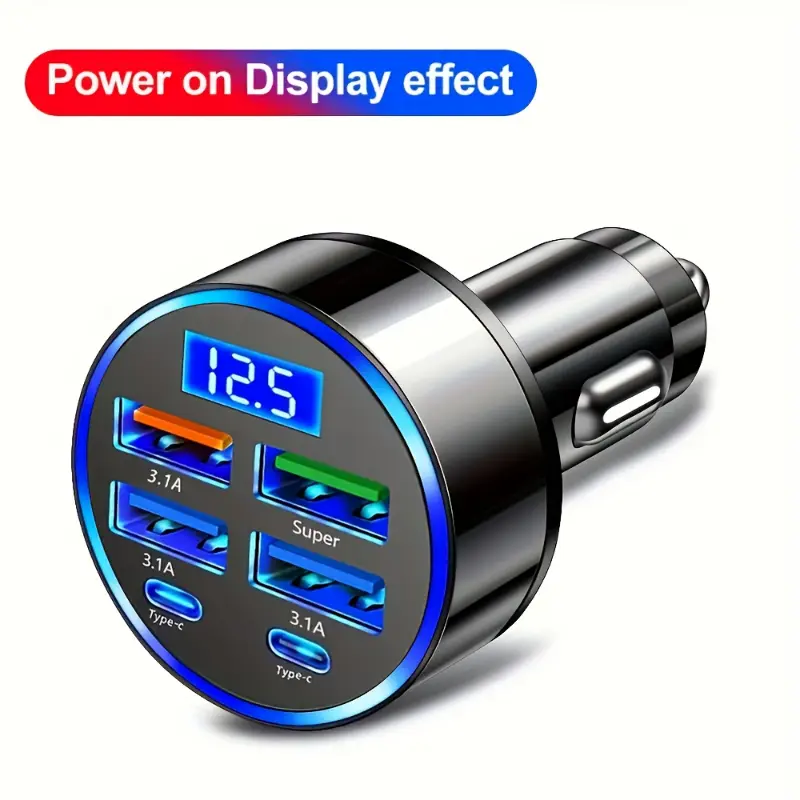 6-in-1 Fast Charger Car Adapter | QC3.0 Dual PD USB Ports, LED Display | Compatibility | 3.1A Fast Charging for Multiple Devices | Sleek Metallic Finish | Cigarette Lighter Plug | Supports 36V Vehicles 0