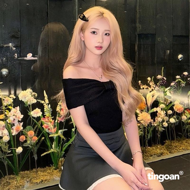 TINGOAN - Áo len xù đen trễ vai phối nơ ngang hm đen HEE-RA TOP/BL