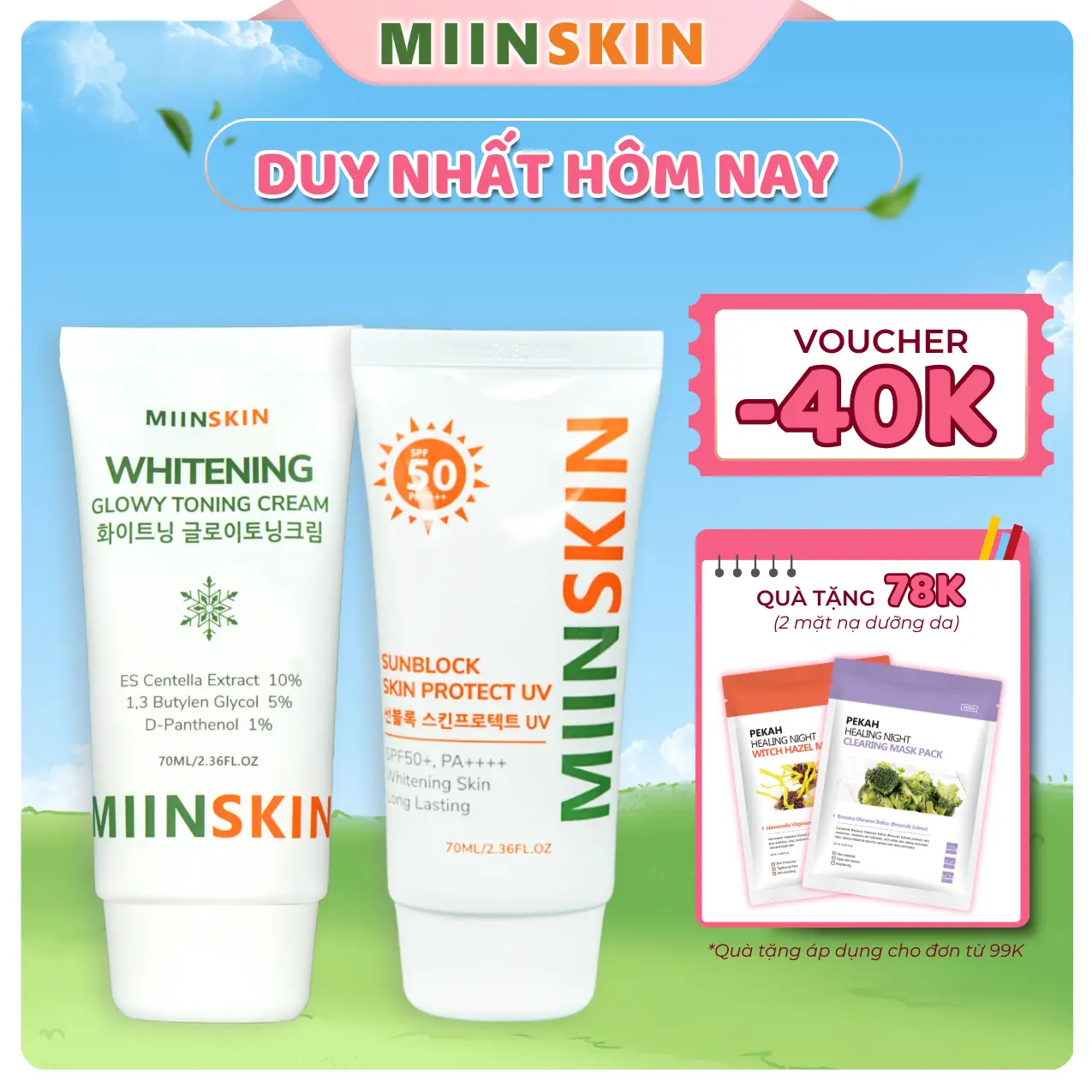 COMBO Kem chống nắng và kem hỗ trợ nâng tone MIINSKIN
