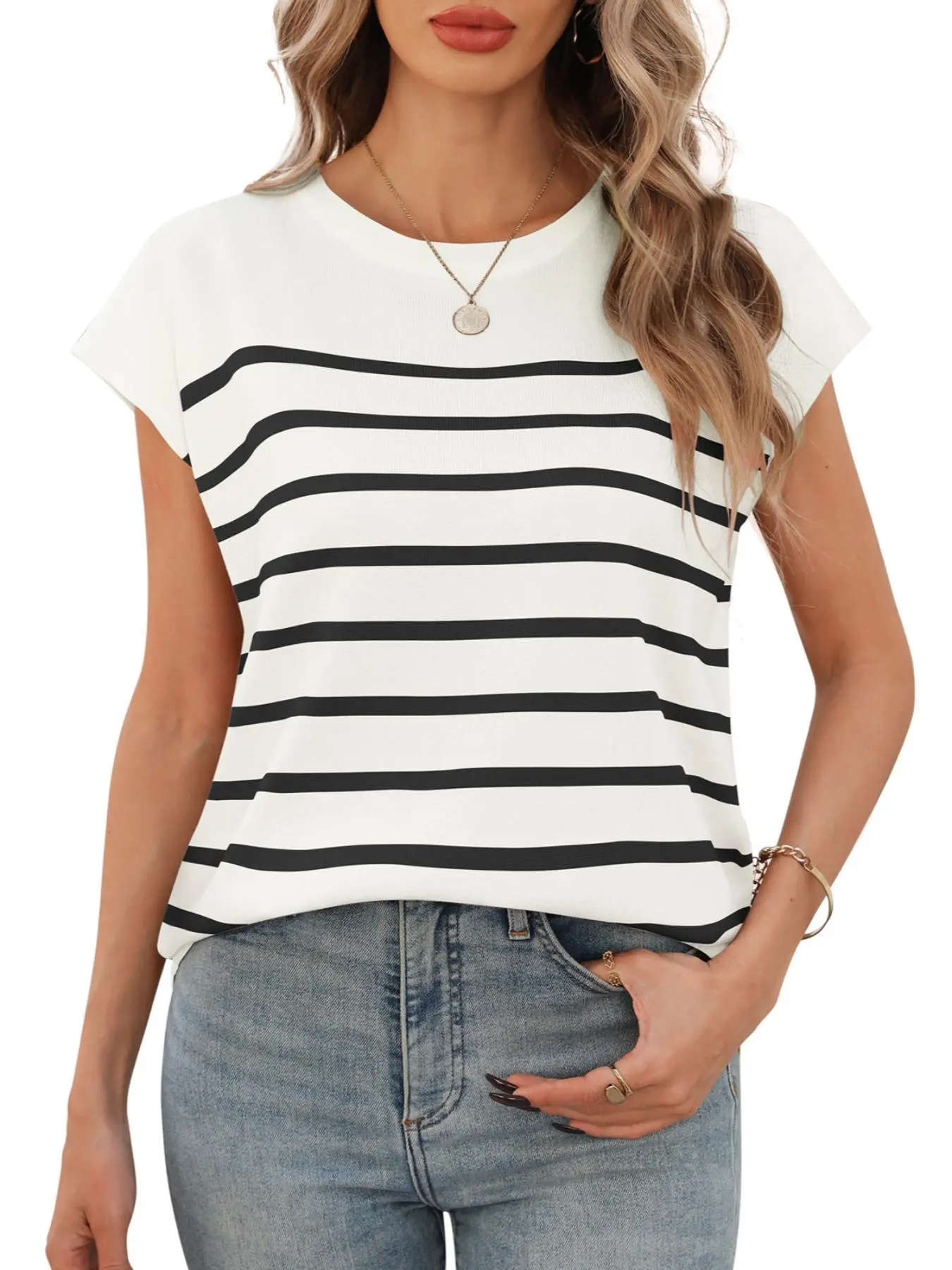 Women's Striped Print Round Neck Tee, Casual Cap  Sleeve Crew Neck T-shirt for Spring & Fall, Fashion Women's Top for Daily Wear