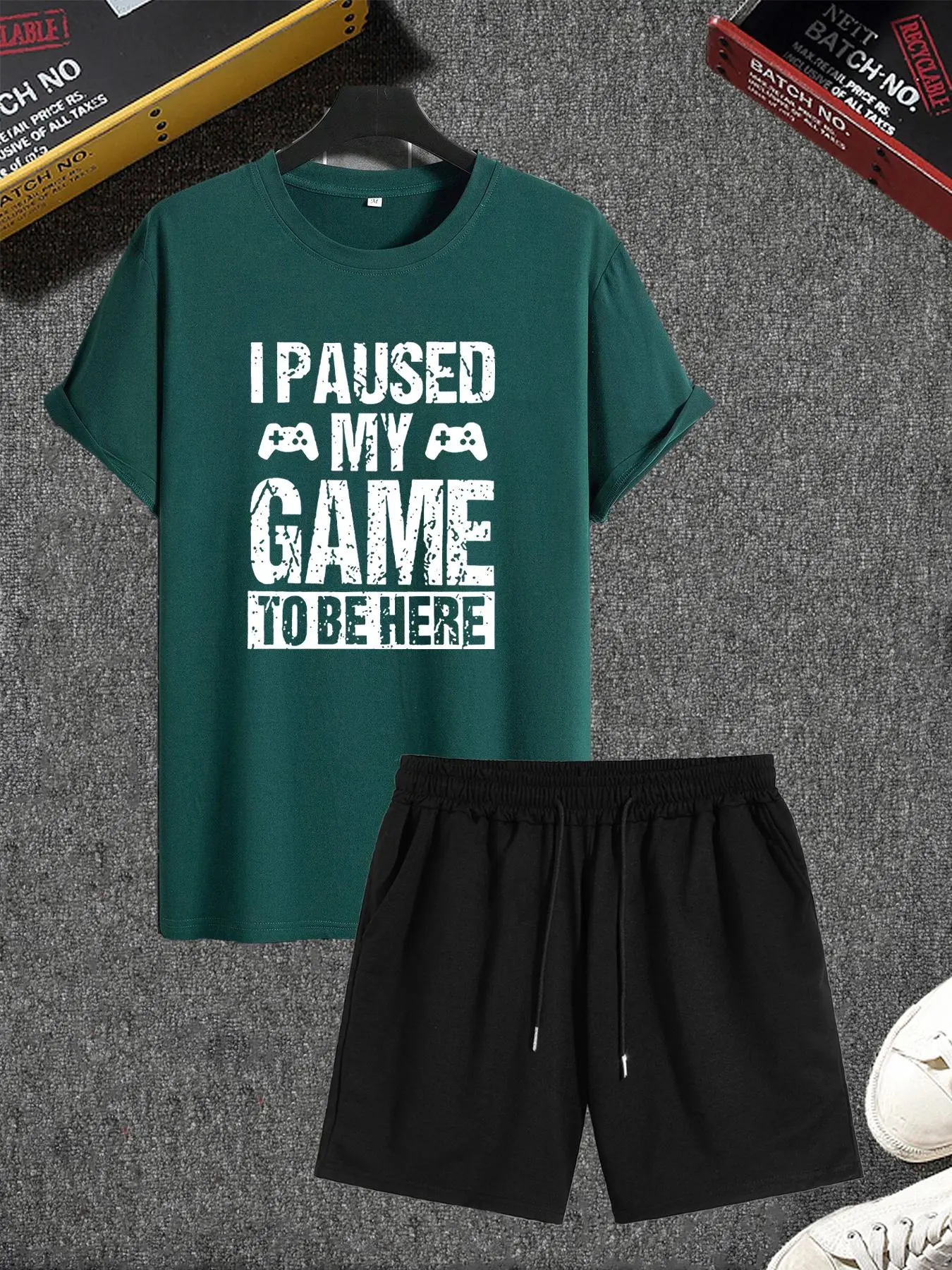 Two-Piece Set Men's Game Console Graphic Tee & Drawstring Shorts Set, Letter Print Crew Neck Short Sleeve T-Shirt & Pocket Shorts, Casual Comfy Men's Sleepwear Loungewear Set for All Seasons