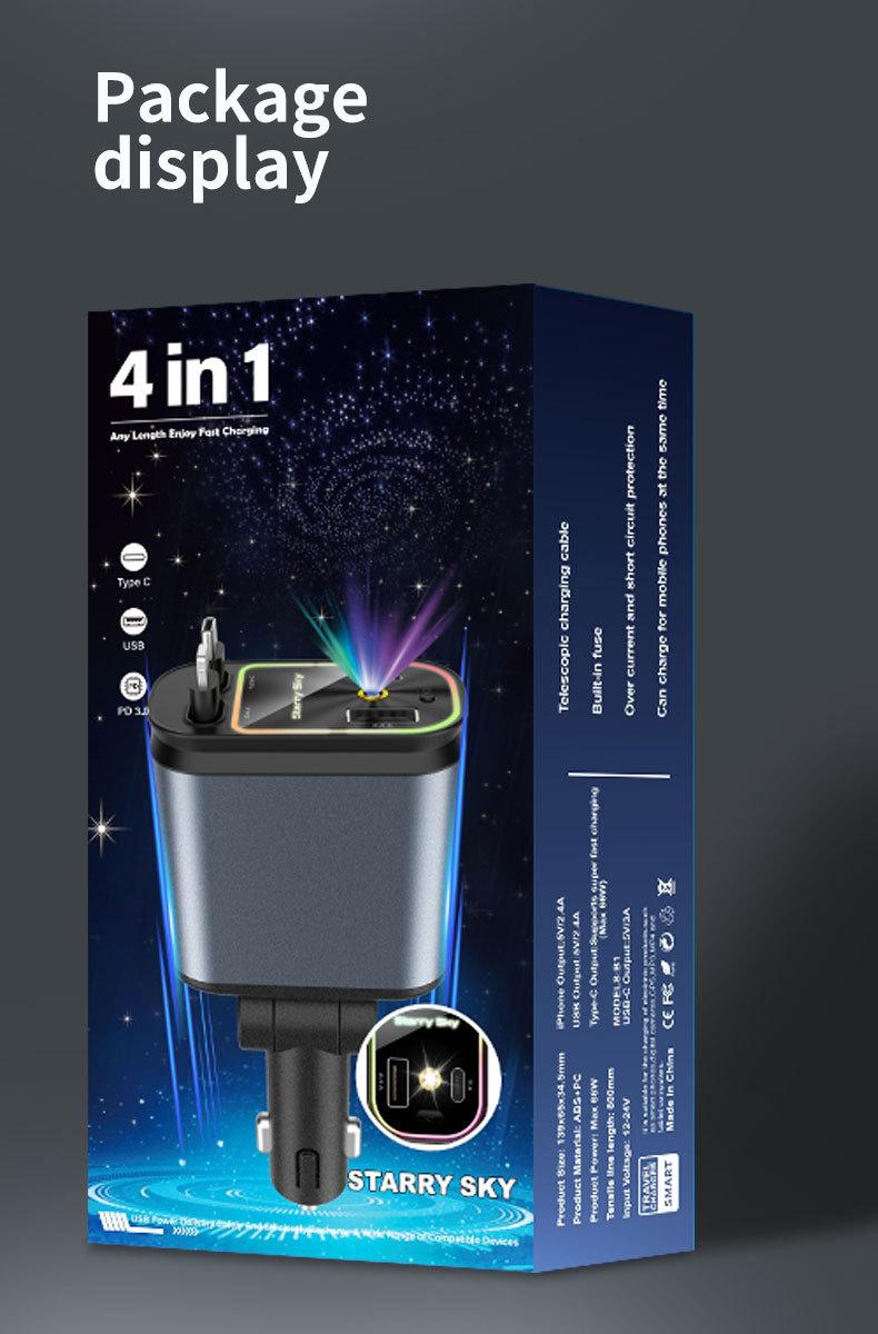 Product Introduction of New car mobile phone charger with starry sky top projection light double telescopic cable four-in-one multi-function 14