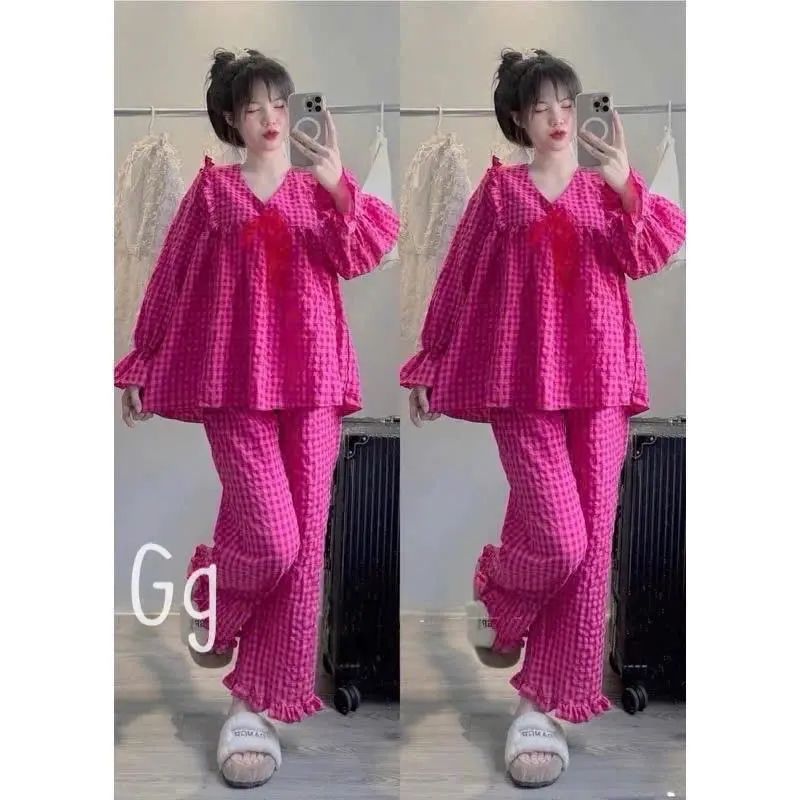 Đồ bộ mặc nhà caro xốp babydoll dài bánh bèo fom rộng xinh xắn cân nặng dưới 60kg Top Nữ Áo Women Beo Voi