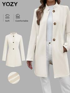 YOZY Women's Solid Color Button Front Pocket Coat, Casual Long Sleeve Mock Neck Outerwear for Fall & Winter, Women's Clothing for Daily Wear