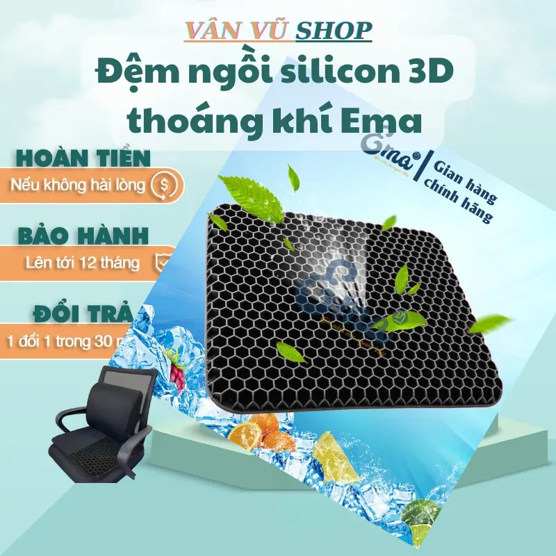 Đệm ngồi silicon 3D thoáng khí Ema lót mông thích hợp cho ghế văn phòng và thiền chống mỏi ê và thâm mông - Tặng kèm vỏ
