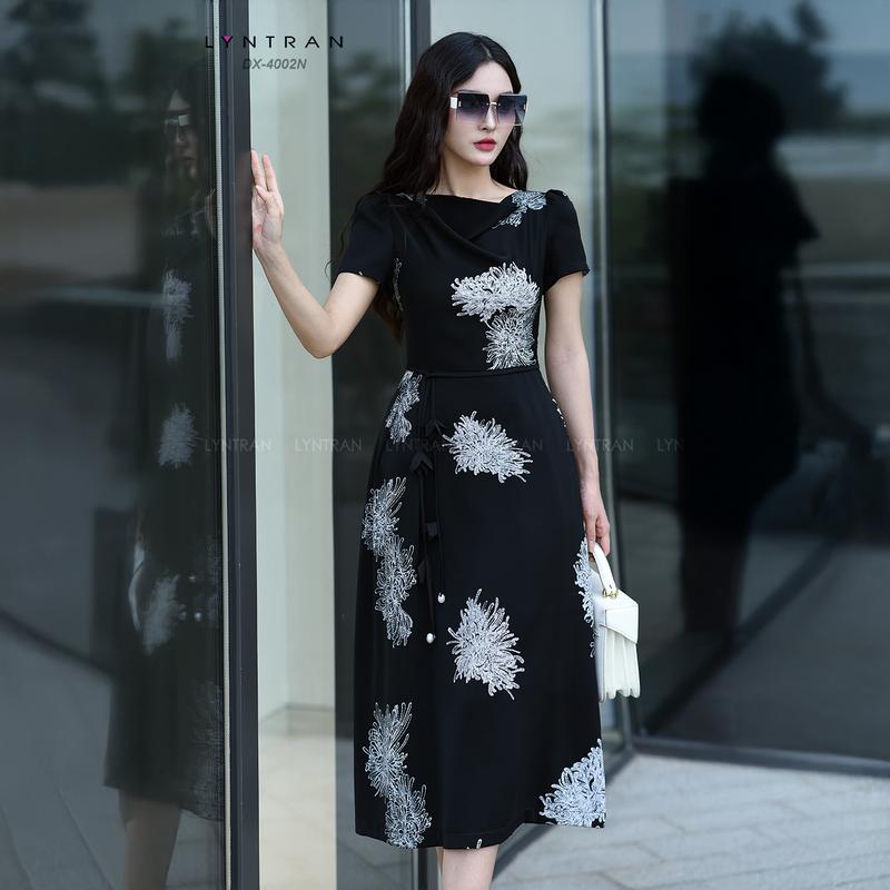 Đầm xòe họa tiết dự tiệc dáng xòe đầm midi dạo phố  ngắn tay LYNTRAN DX-4002N Nữ Women Dress Nữ Women Nữ Women Đen Trắng Màu Trắng 6