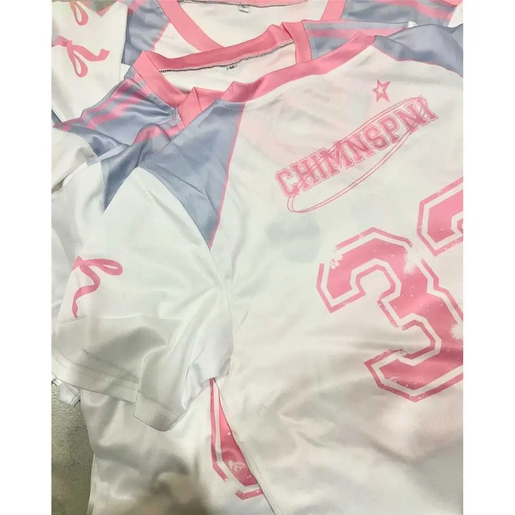 AriannaWomen's T-shirtOversized Half-Sleeve American Style Shoulder Patch Short Sleeved T-shirt Coquett Jersey Women Summer Pink Couple V-neck Sports Jersey XS-5XL