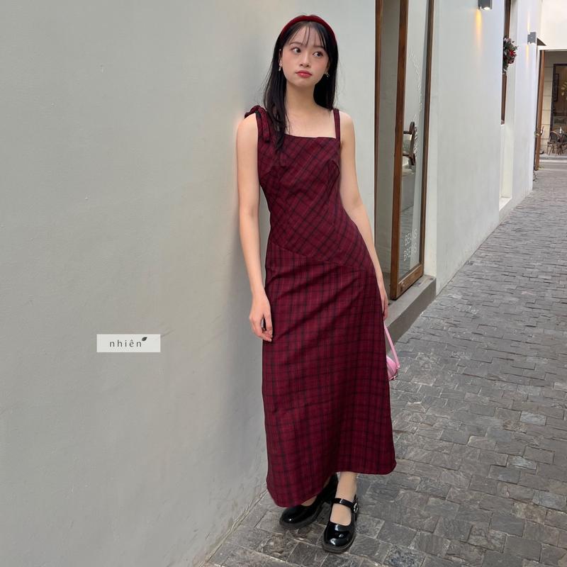  NHIÊN - Ribred Dress - Váy body nữ tôn dáng Đầm caro nữ nơ vai đỏ dáng dài nhiennhienvintage BD55 Women 