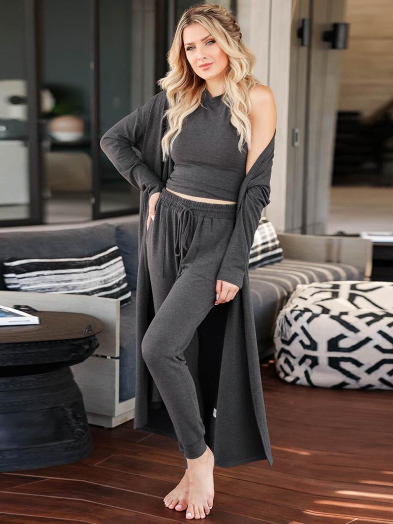 Product Introduction of Women's Solid Three-Piece Pants Set, Minimalist Round Neck Tank Top & Drawstring Pocket Pants & Open Front Outerwear, Women's Clothes 7