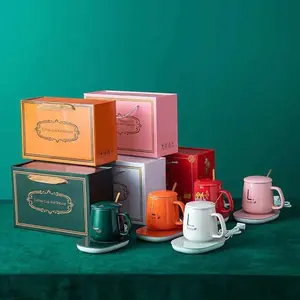 Mug Cangkir Elektrik Set Keramik Pemanas 55 Derajat Penghangat Kopi Gelas Mewah Keramik Listrik dan Sendok Merah Pink suvenir Hadiah Putih Stainless