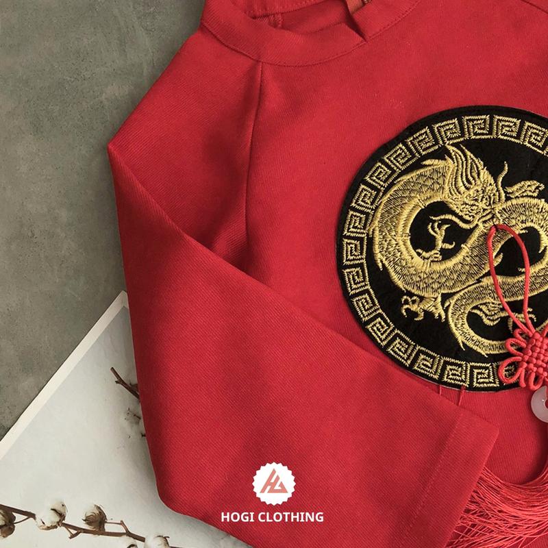 Áo dài bé trai Hogi màu đỏ thêu rồng tròn chất liệu nhung chéo cao cấp, áo dài tết đủ size - Hogi clothing 5