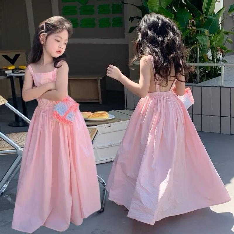 Đầm maxi bé gái hai dây hở lưng siêu đáng yêu cho bé gái phù hợp mặc hè , đầm công chúa bé gái hồng nhạt đáng yêu