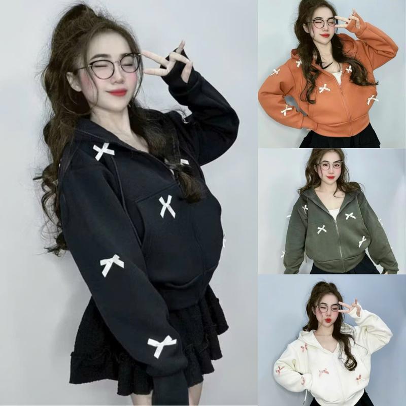  Áo khoác nữ lửng chất nỉ bông có khóa kéo mũ hai lớp freesize dưới 55kg có nơ 