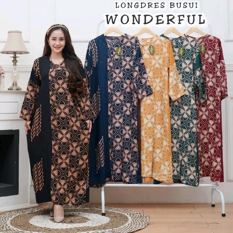 Daster Longdress Lengan Panjang Batik Rayon Santung Bumil Busui Kancing Depan Motif Pekalongan 3