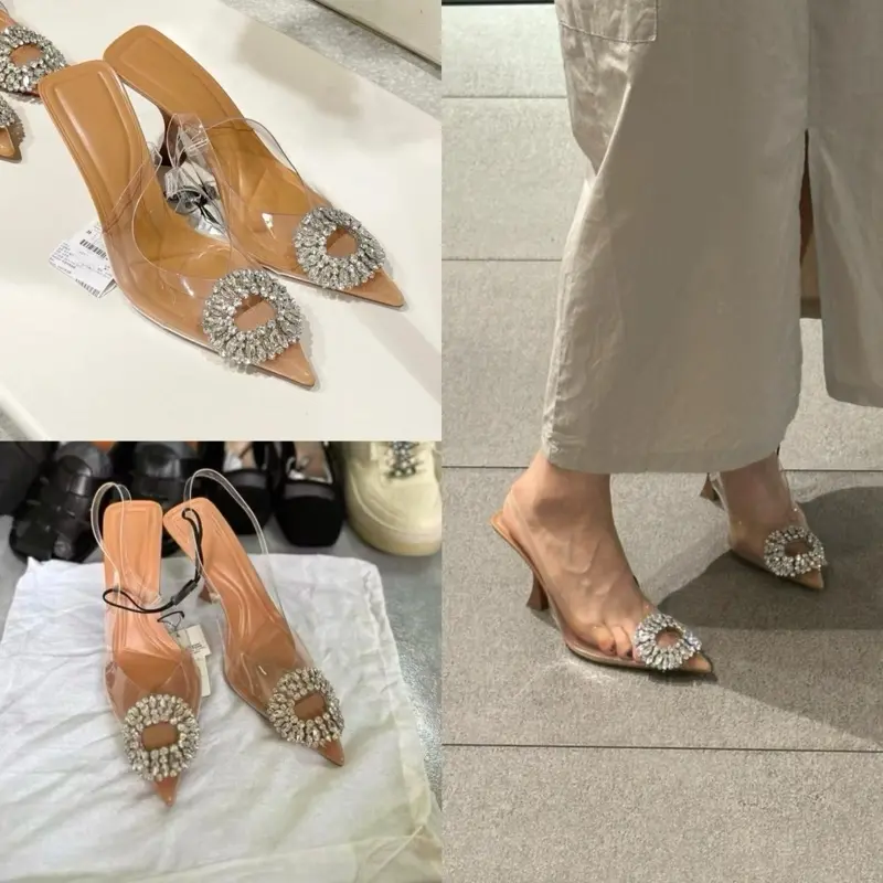 Giày sandal Z hở gót Mika mũi nhọn đính đá tròn màu nâu gót nhọn cao 8cm phong cách tiểu thư Pháp sang chảnh mới #6782