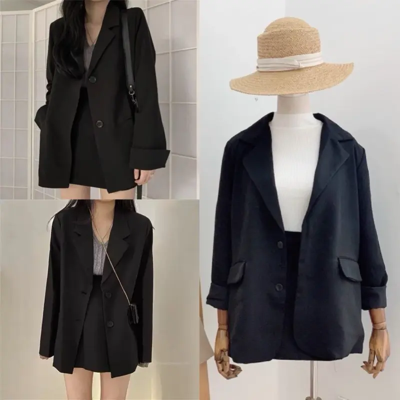 Áo blazer nữ áo vest nữ dài tay trơn 2 lớp đen be form rộng phong cách ulzzang hàn quốc đi chơi đi học đi làm sang chảnh, SUKA SHOP Women Jacket