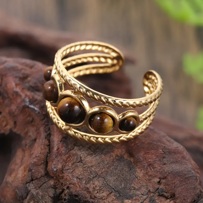Round Hollow Ring With An Opening Adjustment Set Natural Stone Stainless Steel Golden Simple Palace Style Gift Banquet Jewelry Light Luxury Ring 6