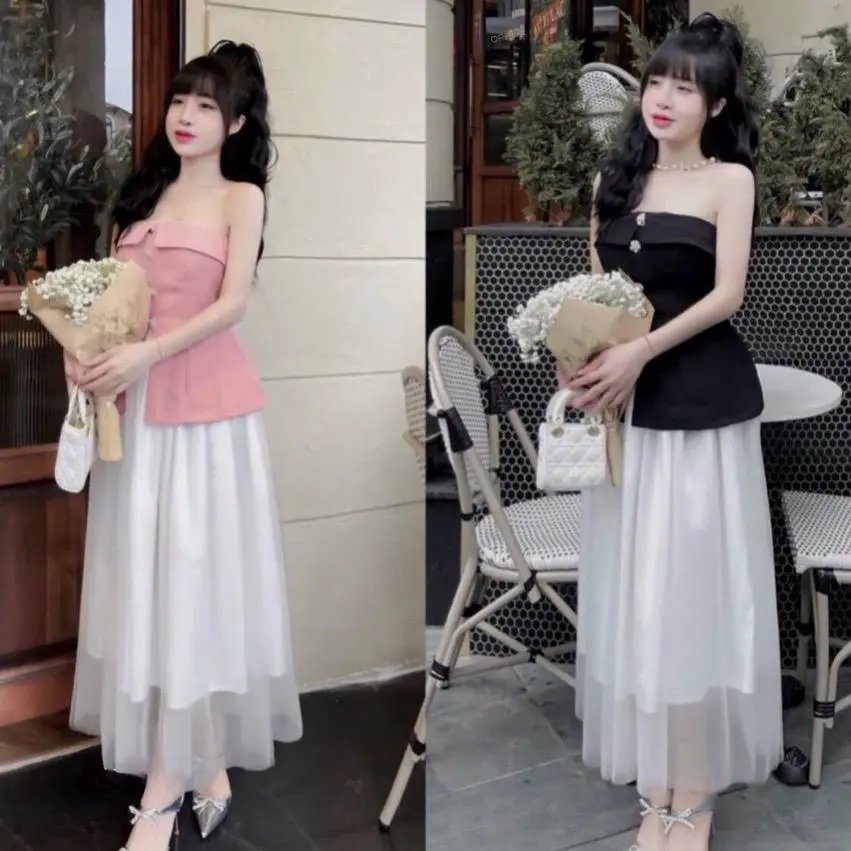 Set đồ đi tiệc áo cup ngực đính tag đá phối chân váy midi chất ren lưới cho nàng diện đi chơi, đi tiệc vừa xinh vừa sang chảnh. Nữ Kem Đen Women váy  tiệc