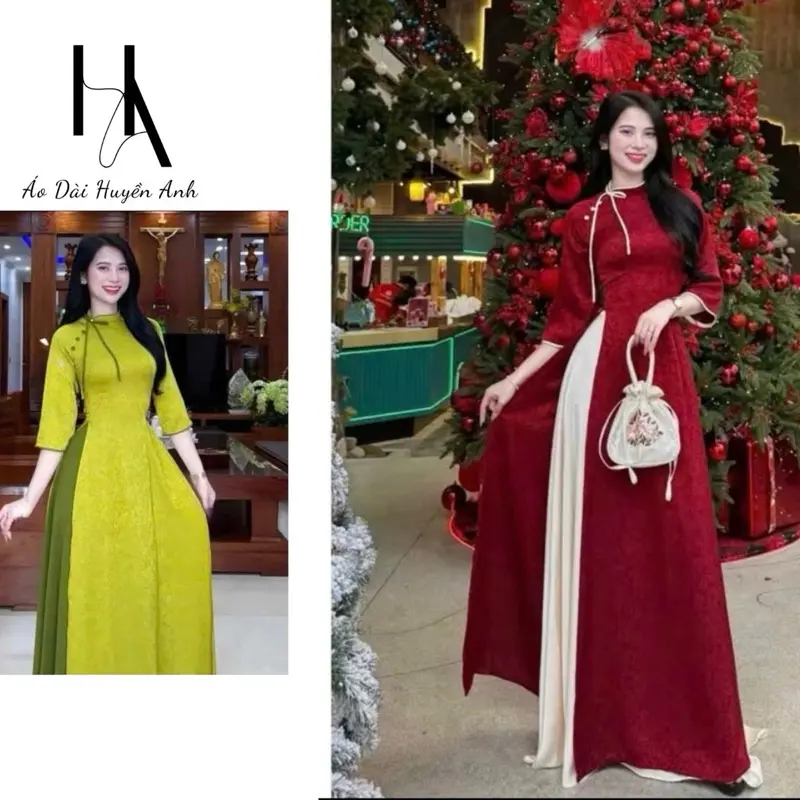 Áo dài gấm cao cấp cổ lệch Phối Nơ, đính cúc phù hợp đi chơi, lễ tết, dự tiệc - áo dài huyền anh