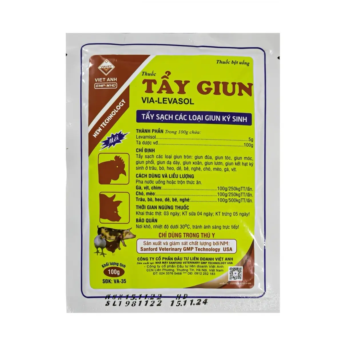 LEVASOL Tẩy sạch các loại giun tròn: giun đũa, giun tóc, giun móc, giun phổi, giun dạ dày, giun xoăn, giun lươn, giun kết hạt ký sinh ở trâu, bò, heo, dê, bê, nghé, chó, mèo, gà, vịt ( thuốc dùng cho vật nuôi)