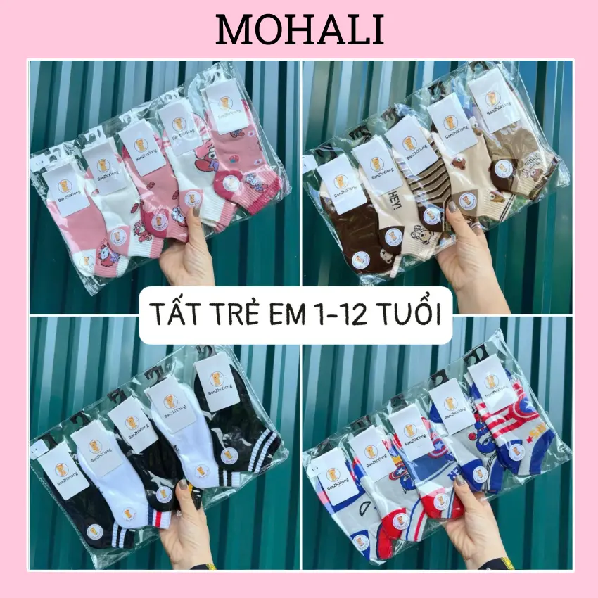 Tất vớ trẻ em cổ ngắn size từ 1 đến 12 tuổi SET 5 ĐÔI cotton kháng khuẩn MOHALI SVB007