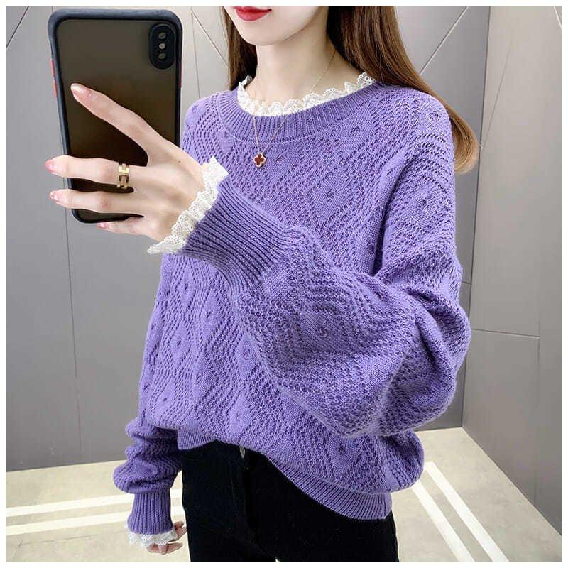 Áo len nữ cổ tròn dài tay pha ren 1