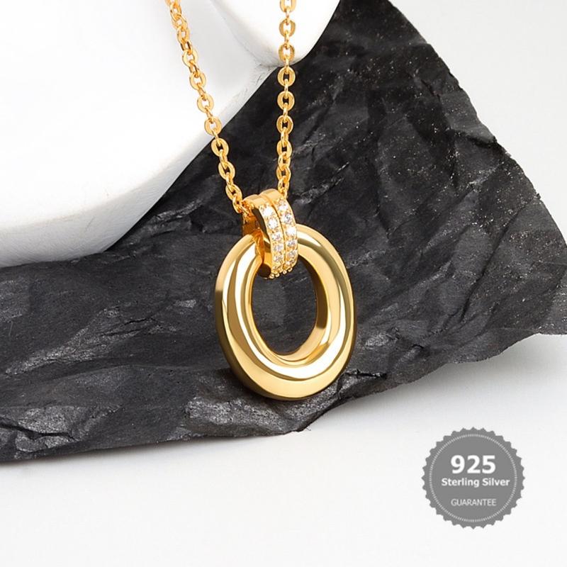 Product Introduction of S925 Silver Geometric Ellipse Double Ring Necklace Diamond Ring Simple All-Match Necklace 22