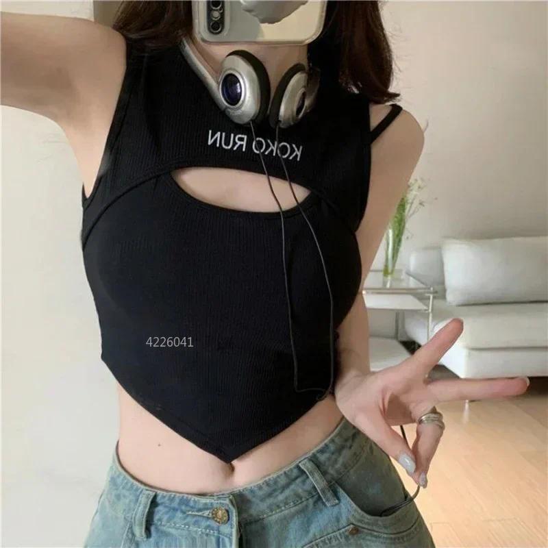 1pc Casual Crop Tops for Women Knitting Irregular Tops Hollow Out Camisole Women Fake Two Pieces Tank Tops with Bra Pad Womenswear Tube Lingerie Lady 4