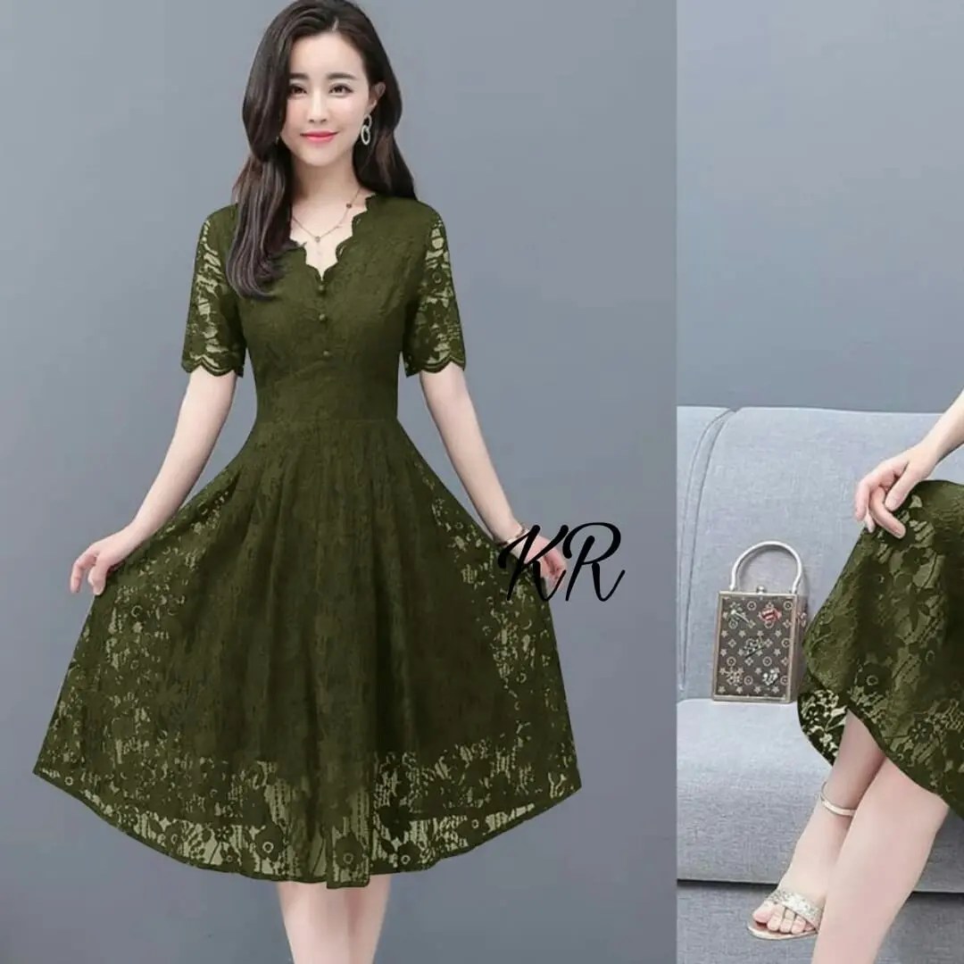 Dress Wanita Manuela Casual Brukat Panjang Kancing Variasi Pesta Simple Midi