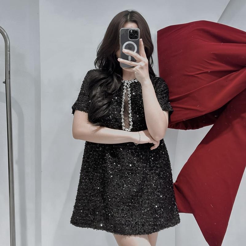 Đầm babydoll dạ kim tuyến cộc tay viền cổ đính đá cao cấp , váy dự tiệc sang trọng quyến rũ Nữ Women Dress Voi Voan