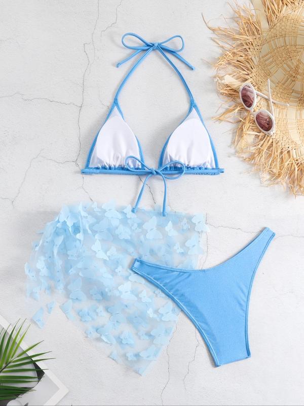 Women's Butterfly Appliques Sheer Bikinis for Summer, Swimsuit Sets, Bathing Suits 2024 for Women Summer, Halter Triangle Swim Bra & High Cut Swim Panty & Knot Side Cover Up Skirt, Summer Tummy Control Swimwear for Beach Holiday 7