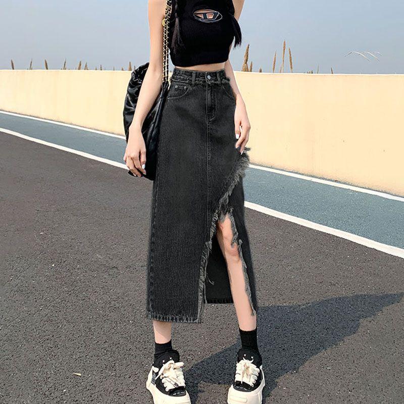 Split Denim Skirt Women's Summer New A- line High Waist Slimming Mid-Length Frayed Hot Girl Hip Skirt 7