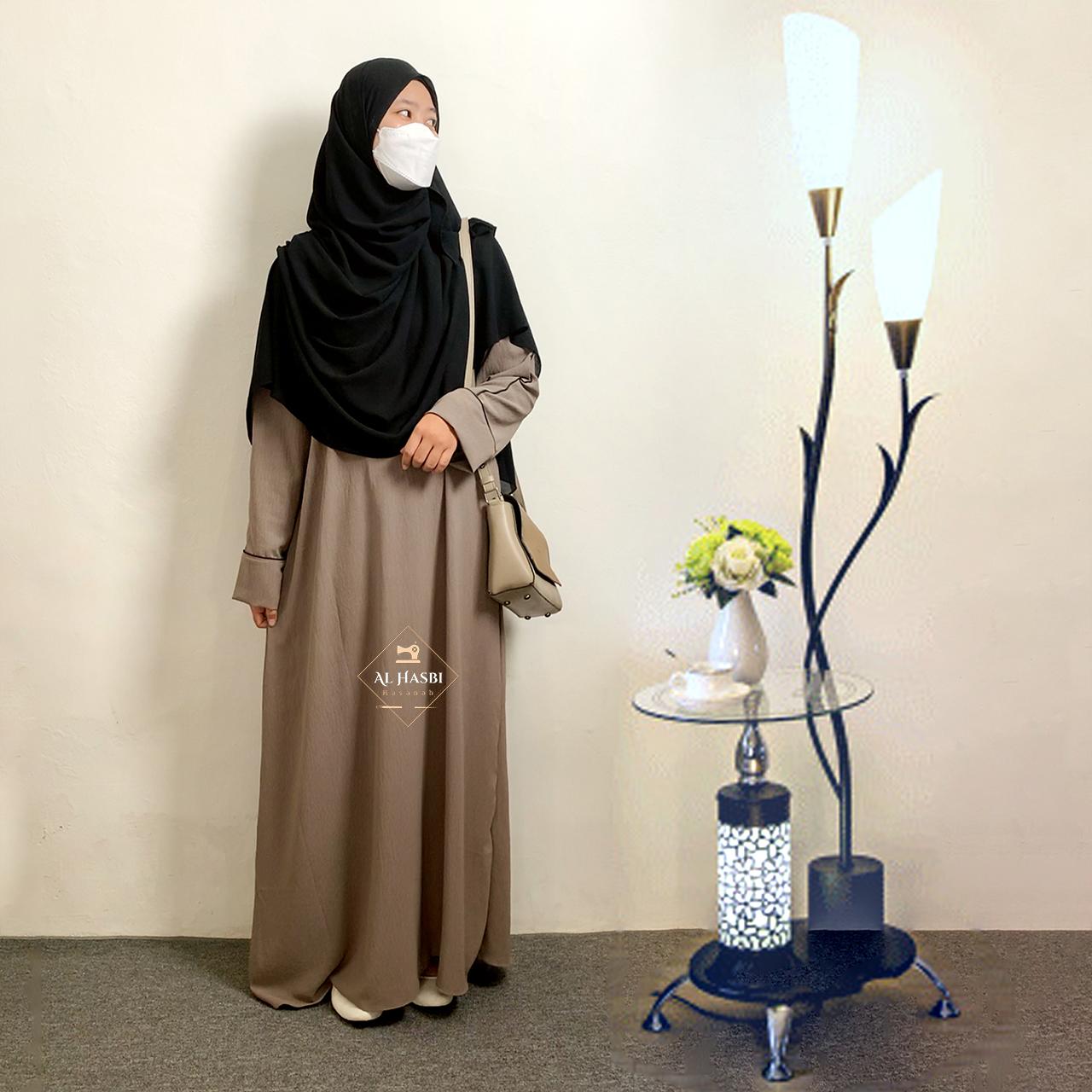 Alhasbi Abaya luna Tarim Aesthetic Mecca Basic Hitam Crinkle List Bisban Tangan Airflow Gamis  Remaja Dewasa Muslim Wanita Umroh Premium Dress Mewah