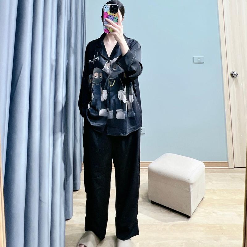 Bộ Pijama Bigsize hình 4 chú chuột tay dài mặc nhà chất lụa Mango ko nhăn dành cho nữ có size từ 40kg đến 90kg