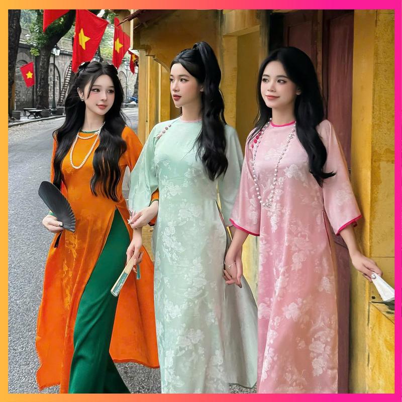 Áo dài cách tân nữ dáng suông vải gấm Đào Hạc cổ tròn đính cúc né viền cổ tay hàng may sẵn Women