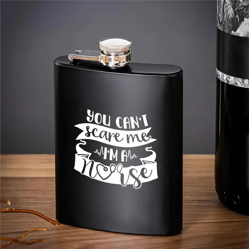 Stainless Steel Hip Flask, 1 Count Letter Pattern Portable Hip Flask with Lid, Drinking Supplies for Home Office Outdoor Camping 7