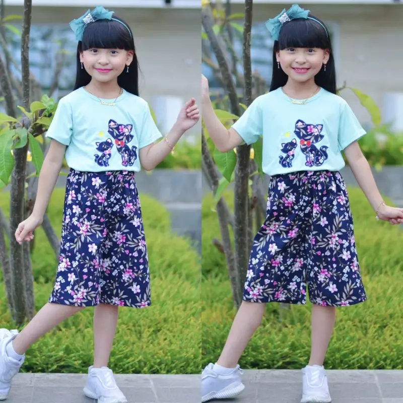 Setelan Baju Kitty dan Kulot Bunga-Bunga Anak Perempuan Umur 4-11 Tahun Bordir Celana 2