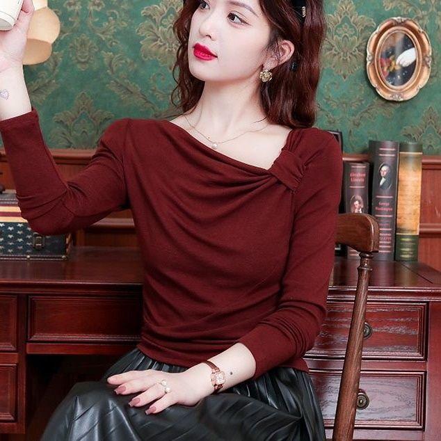 Product Introduction of Áo Thun Dài Tay Cổ Áo Chéo Màu Đỏ, Ankela, Dành Cho Nữ, Phong Cách Phương Tây Cao Cấp Mùa Thu, Dễ Phối Đồ Dáng Ôm, Áo Sơ Mi Lớp Nền Bó Sát Hàng Đầu 10