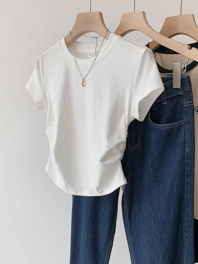 Product Introduction of Pleated design sense T-shirt women's summer new cotton waist curved hem slim short sleeve 5