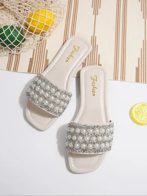 Fashion Faux Pearl Decorated Slides, Elegant Rhinestone Decorated Slippers for Beach, Casual Trendy Slides for Indoor & Outdoor Wear, Walking Shoes 1