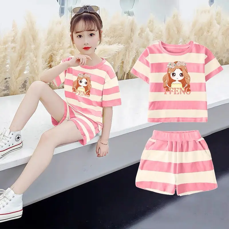 Bộ quần áo cộc tay Cô gái dành cho bé gái 10-30kg Chất Thun 3D 1