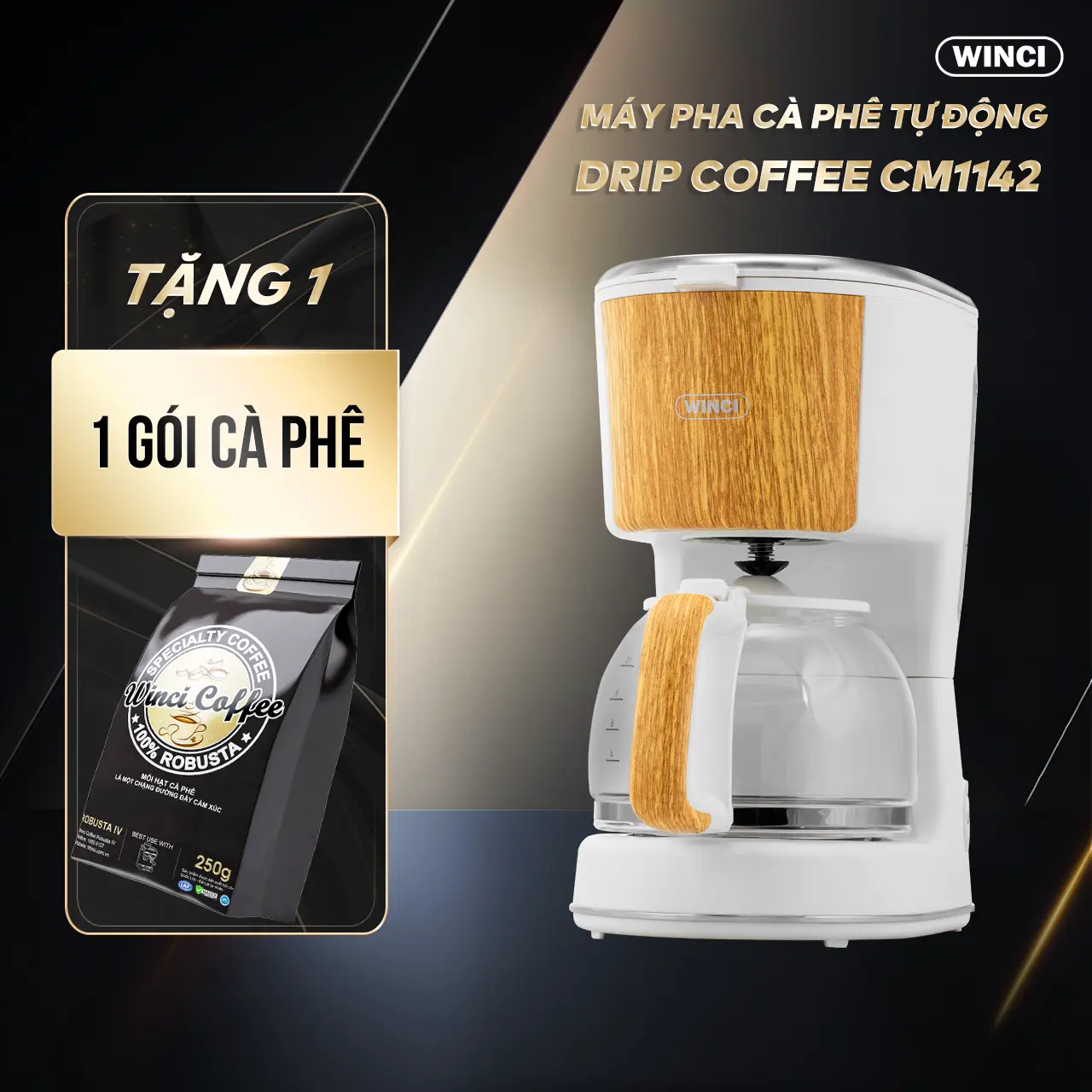 Máy Pha Cà Phê Drip Tự Động Winci CM 1142 Dung Tích 1,25L  Pha Cà Phê Tự Động Drip Coffee Pour-over Coffee máy  pha