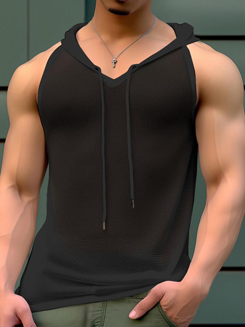 Product Introduction of Men's Regular Fit Solid Drawstring Sheer Hooded Tank Top, Casual Sleeveless Top for Summer, Fashion Men's Clothes for Daily Wear 10