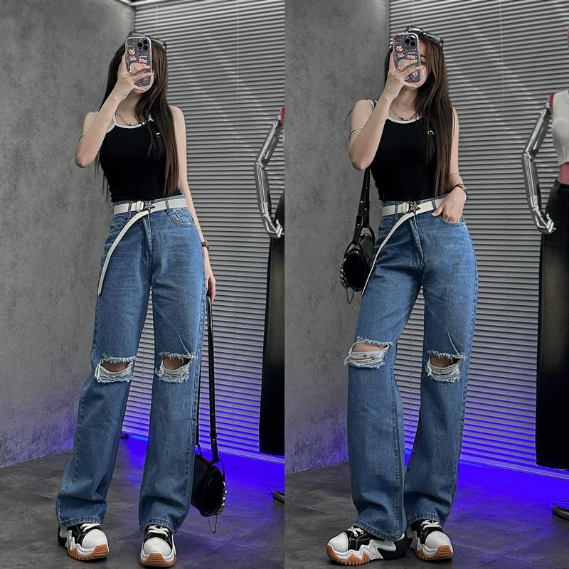 Quần Jeans Suông Rách Gối Kiểu Phong Cách (012) Nữ Pants Women Denim