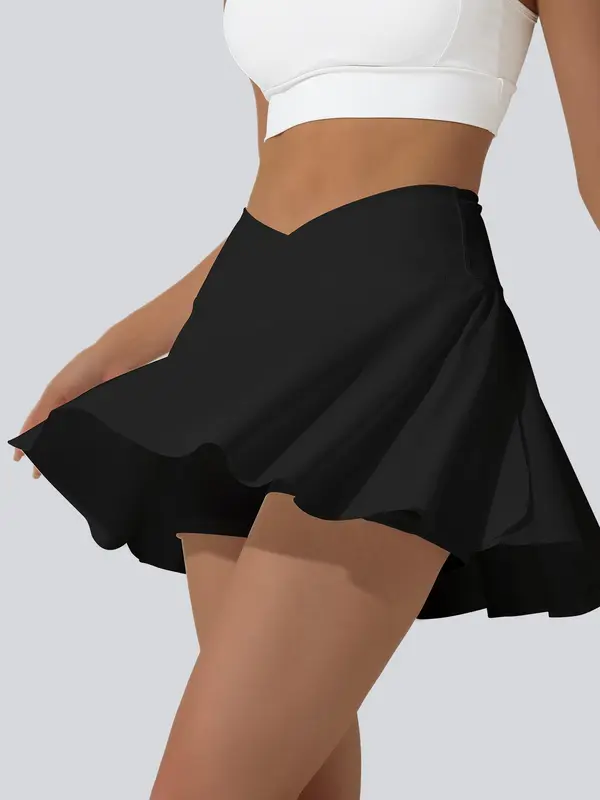 Women's Solid Color V-Shaped Waist Tennis Skort, Casual Sporty Comfortable Breathable Anti-Exposure Tennis Skort with Built-In Pocket for Summer, Ladies Sportswear for Tennis Golf Running 5