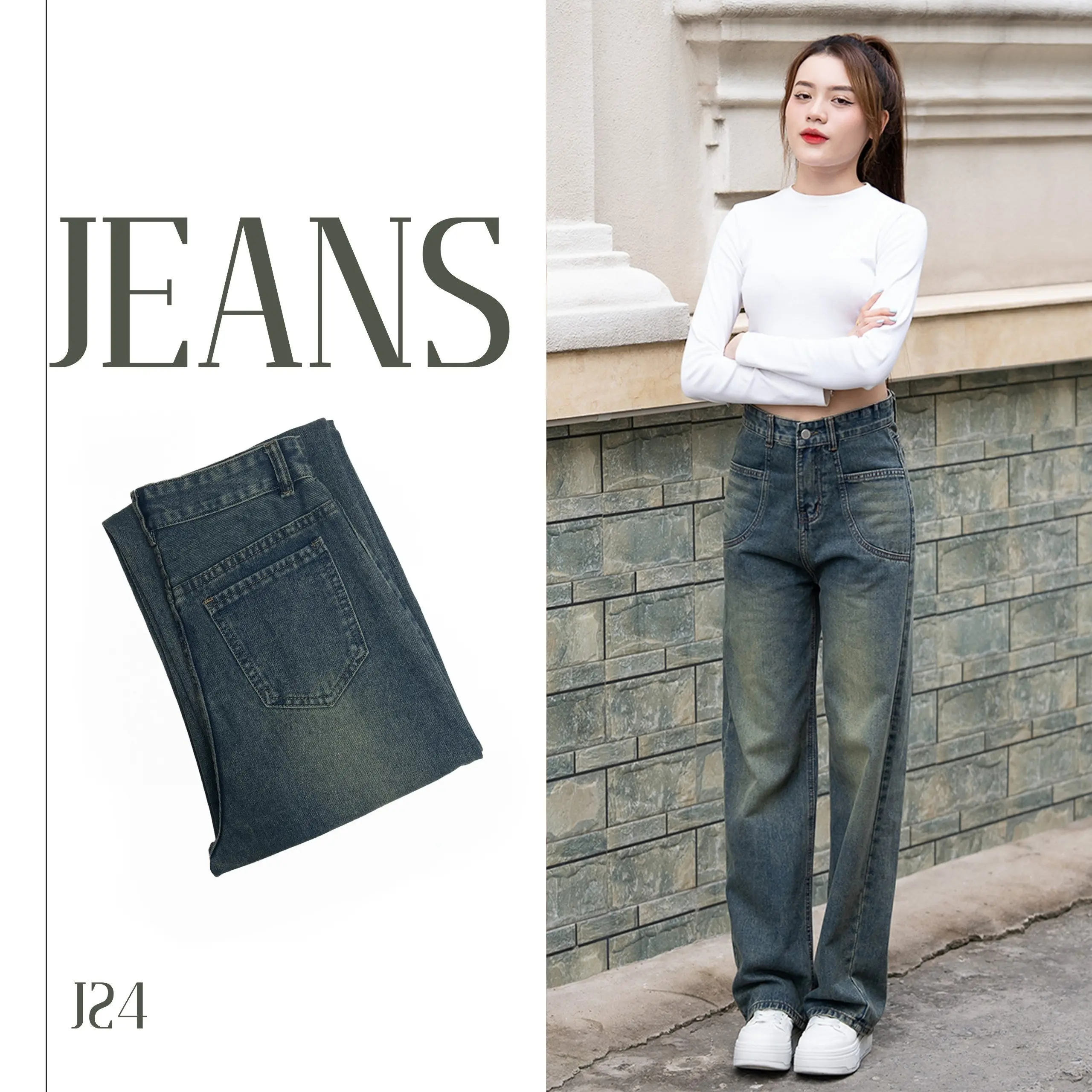 ( J - 24 ) Mẫu Quần Jean Nữ Nhã Yến Fashion , vải QC hai túi trước vát nhẹ màu bụi dài 103 Cm ( S - XXL ) Chất Vải Cotton Nữ Women Pants Kem