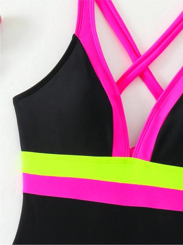 Women's Colorblock Patchwork One-piece Swimsuit, Casual Tight-fitting V Neck Sleeveless Swimwear for Beach Holiday Vacation, Ladies Swimsuit for All Seasons 3